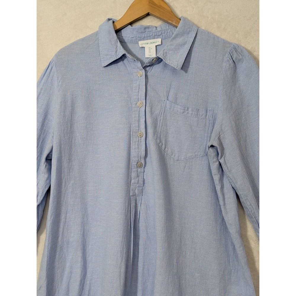Cynthia Rowley Shirt Dress L Blue Linen Blend Coastal Quiet Luxury Beach Preppy - Picture 3 of 8